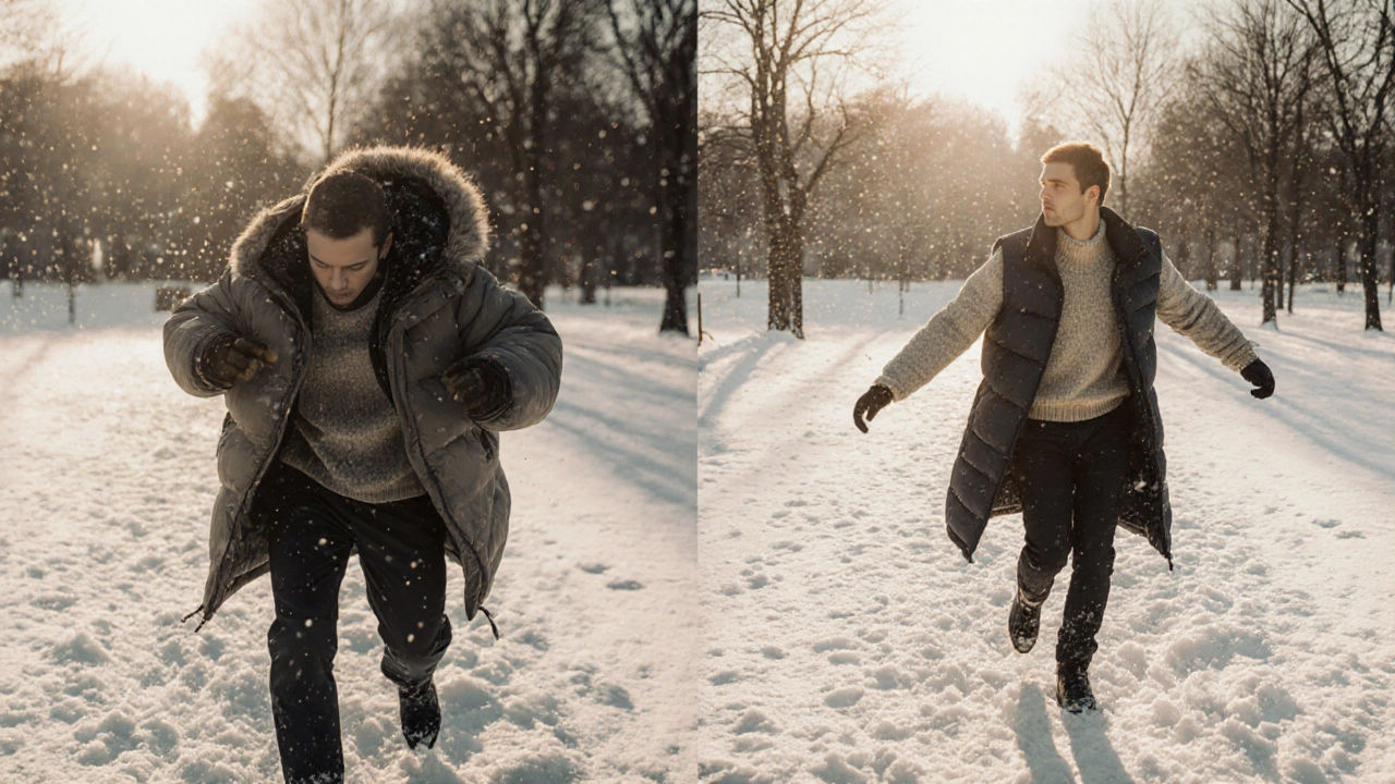 Два человека на снегу: один в тяжёлой куртке, другой — в слоёной системе одежды, свободно движется, без куртки.