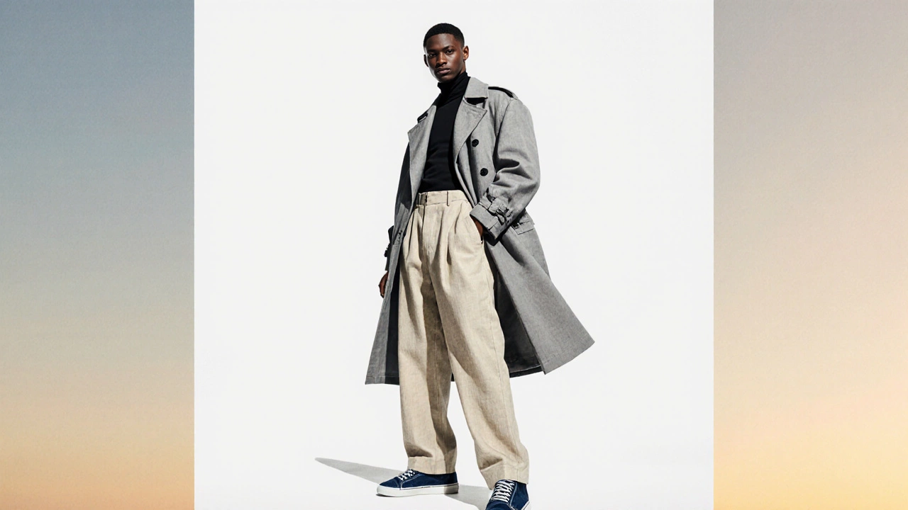 Модель в oversized‑пальто, широких брюках и приталенных кроссовках, нейтральные тона.