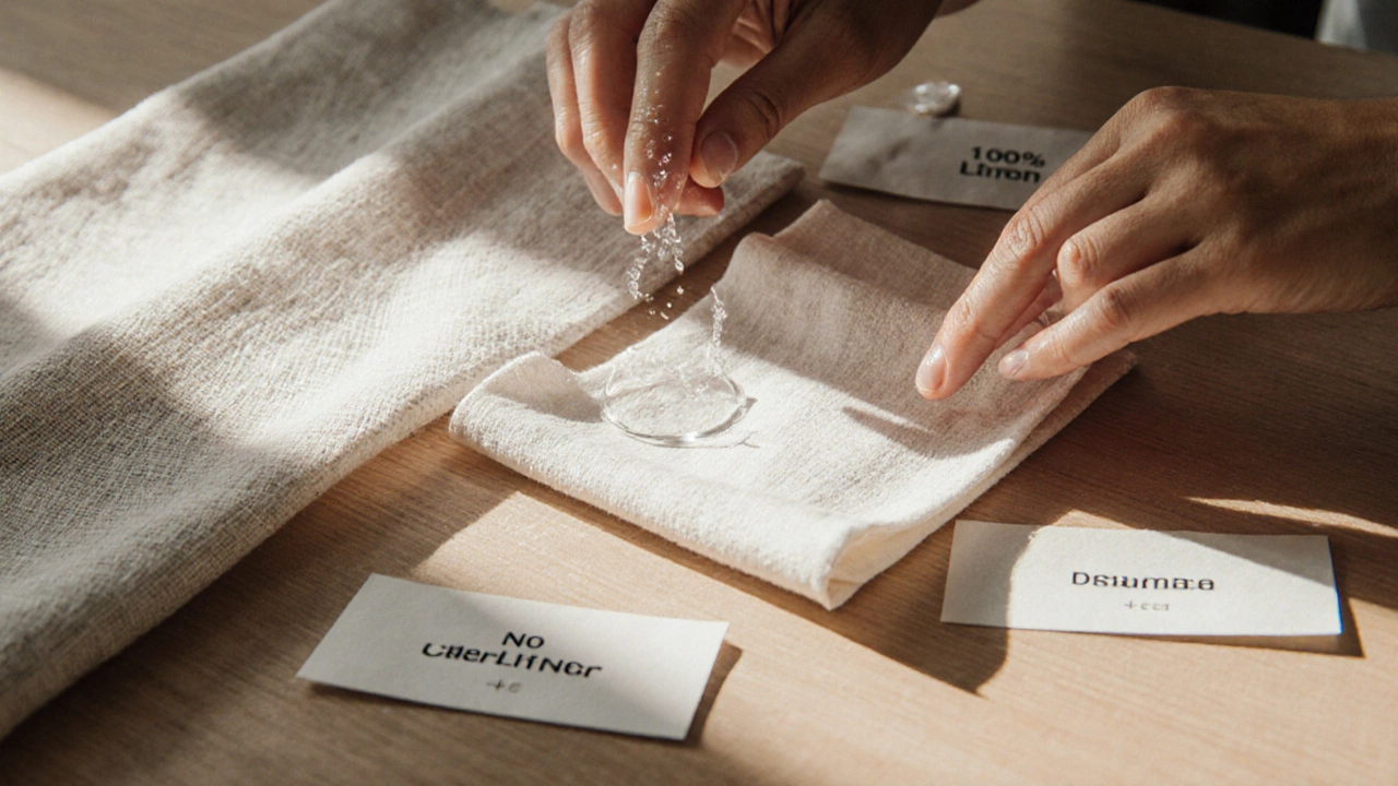 Руки тестируют ткань: впитывание воды, пропускание света и скольжение.