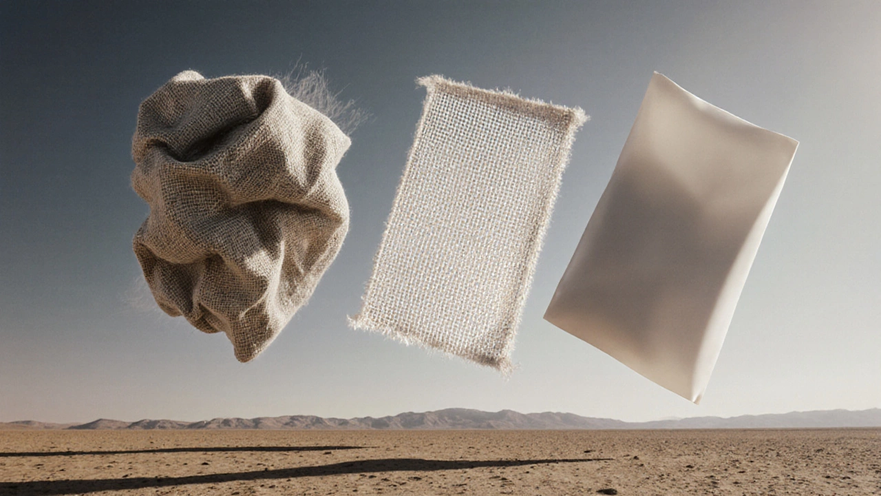 Три ткани в воздухе: лён, хлопок и синтетика — различие в прозрачности и структуре.