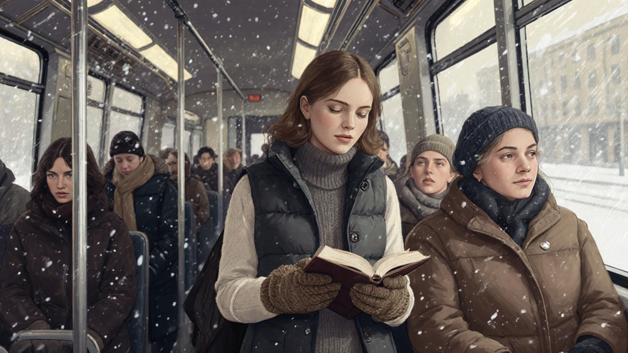 Женщина в трамвае в Екатеринбурге сидит в тёплом слоёном наряде, читает книгу, за окном — снег и мороз.