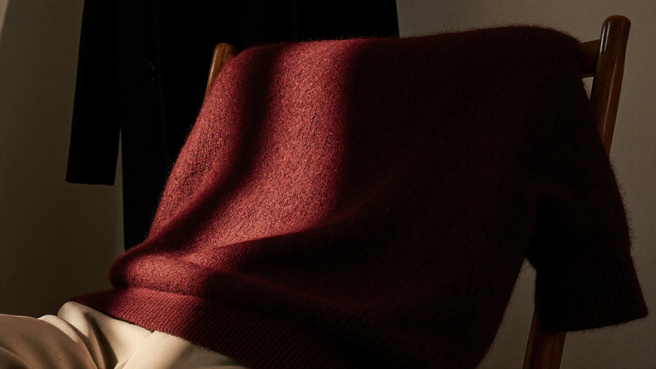 Бордовый кашемировый свитер, освещенный зимним светом, на деревянном стуле.
