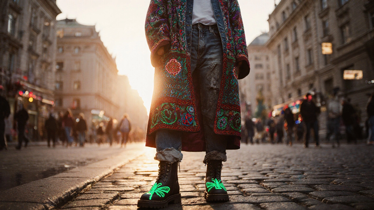 Человек в кибер-фольклоре: светящиеся узоры на пальто, переработанная подошва, городская улица.