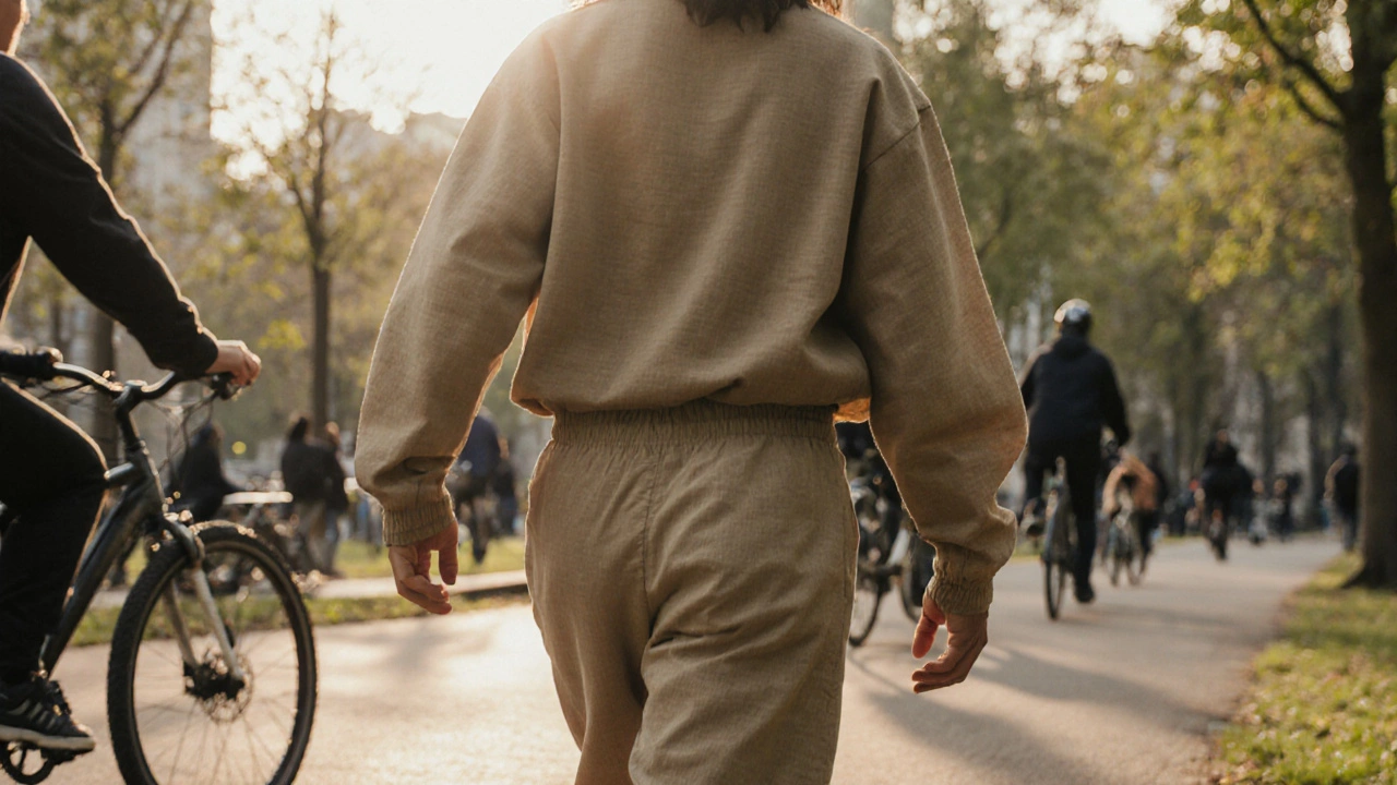 Человек в комбинезоне из биохлопка гуляет в парке, на технических кроссовках, утренний свет.