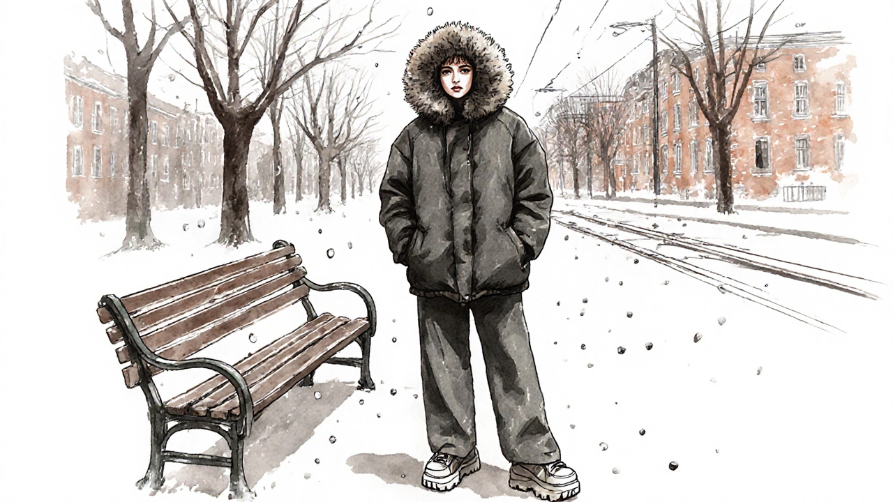 Человек в объёмной куртке с меховым капюшоном и широкими брюками стоит в парке.