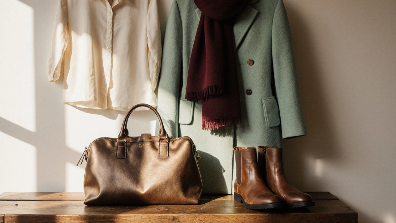 Кураторский набор одежды: кремовая блузка, бронзовая сумка, мятное пальто и бордовый шарф на деревянной скамье.