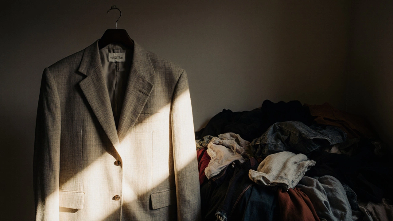 Льняной костюм 1990-х годов рядом с кучей выброшенной одежды, символизирующий долговечность против быстрой моды.