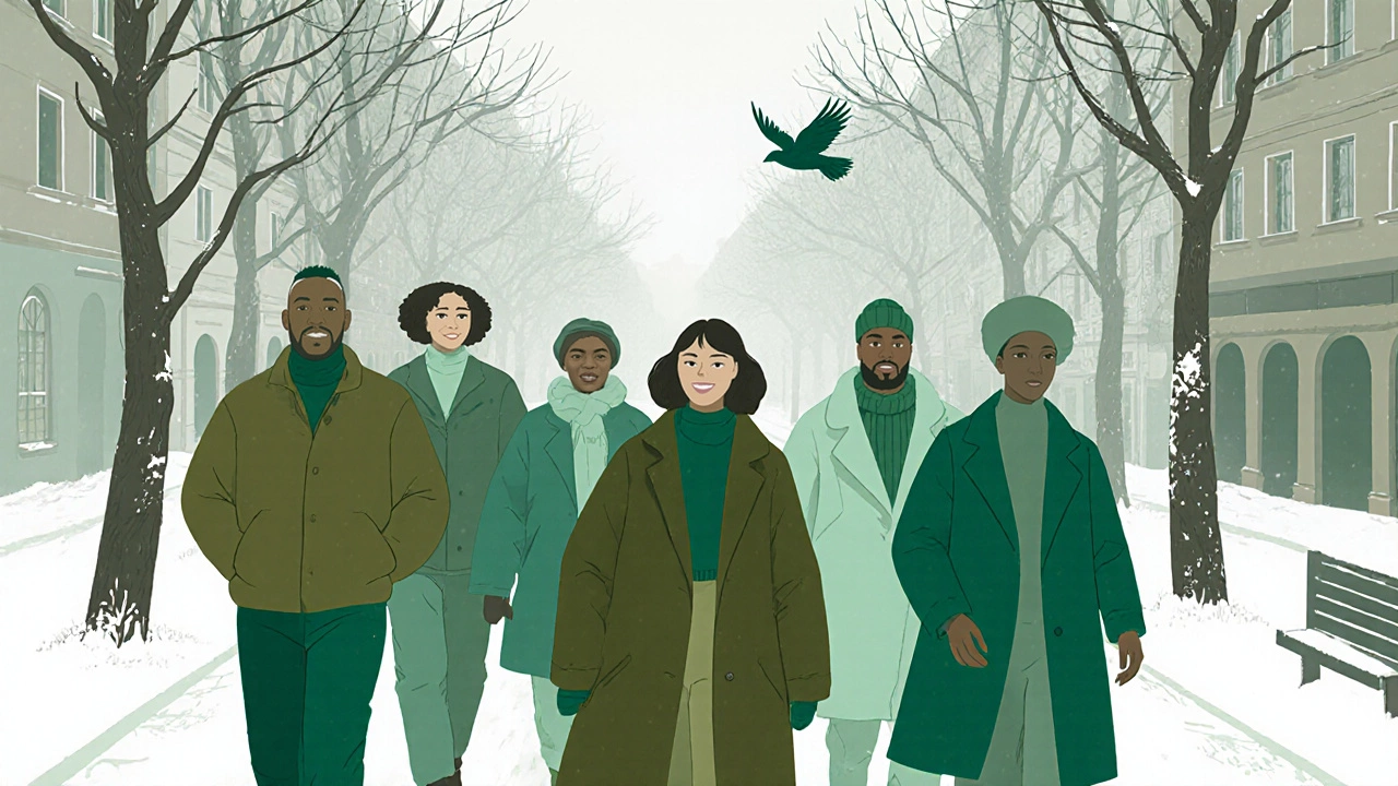 Люди в тёплых зелёных тонах гуляют по снежному городу, их одежда гармонирует с природой и пасмурным небом.