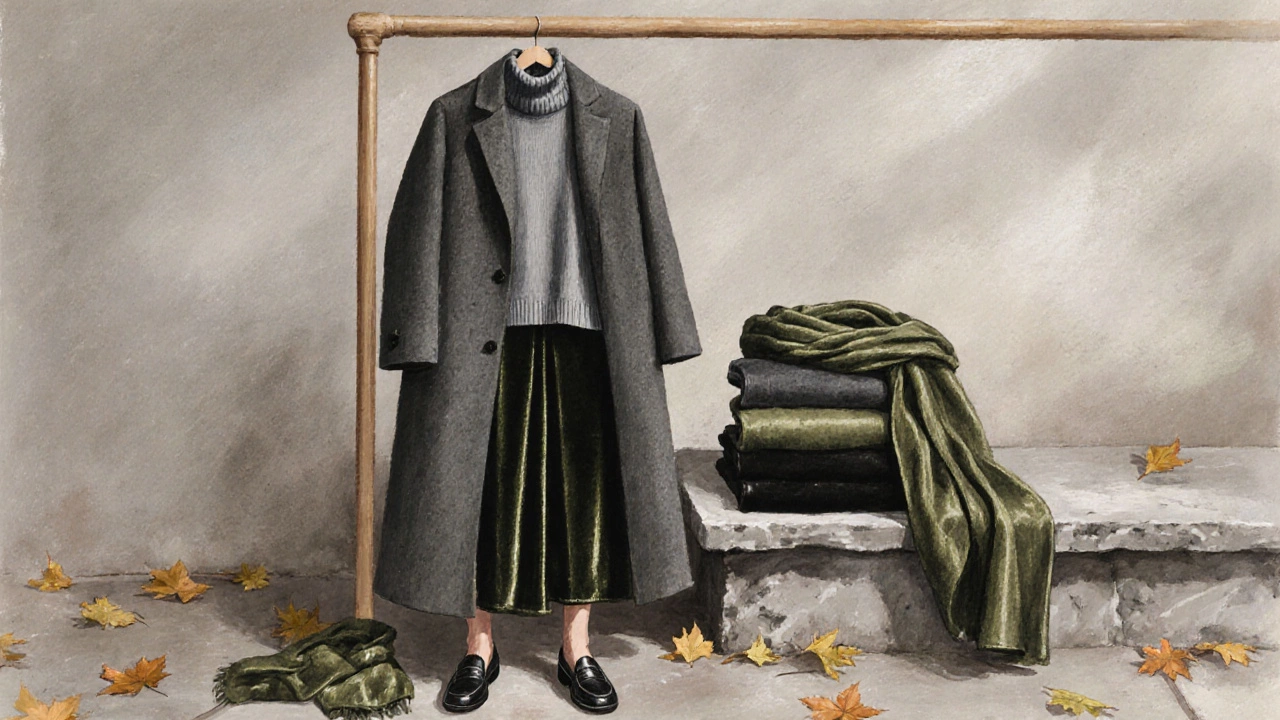 Минималистичный осенний гардероб: пальто, юбка, свитер и ботильоны на деревянной скамье с шарфом и листьями.