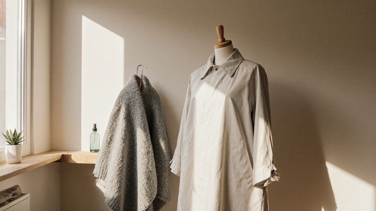Минималистичный плащ и накидка на полке в модном бутике с естественным светом.