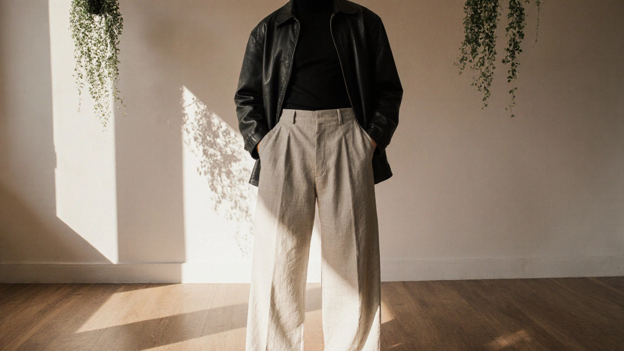 Мужчина в широких брюках из льна и черной водолазке в светлом интерьере.