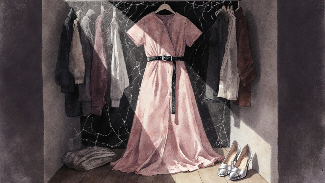 Пыльно-розовое платье в старом шкафу, рядом лежат черный пояс и серебряные ботильоны.