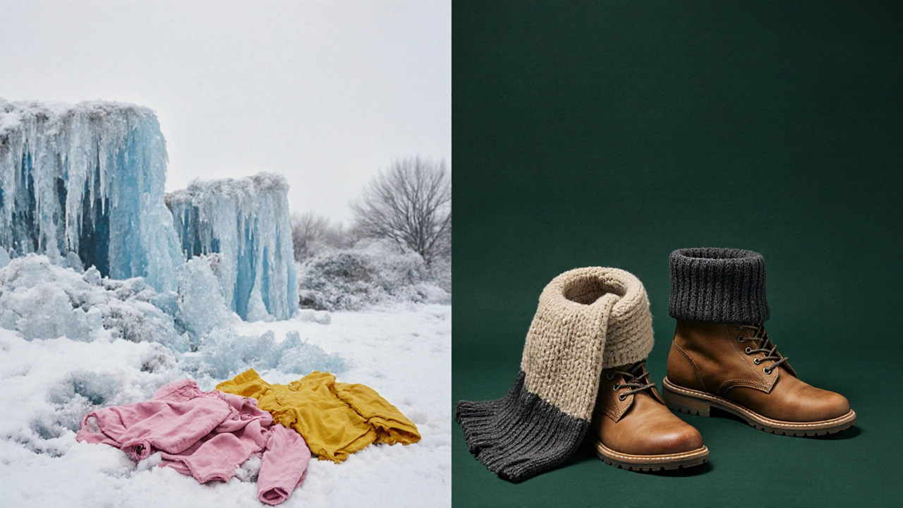 Разделенный пейзаж: холодные тона с выброшенной яркой одеждой слева и теплые, устойчивые оттенки справа.