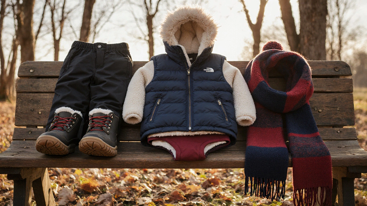 Разложенный осенний детский гардероб: брюки, ботинки, шапка, шарф, куртка и термобельё.