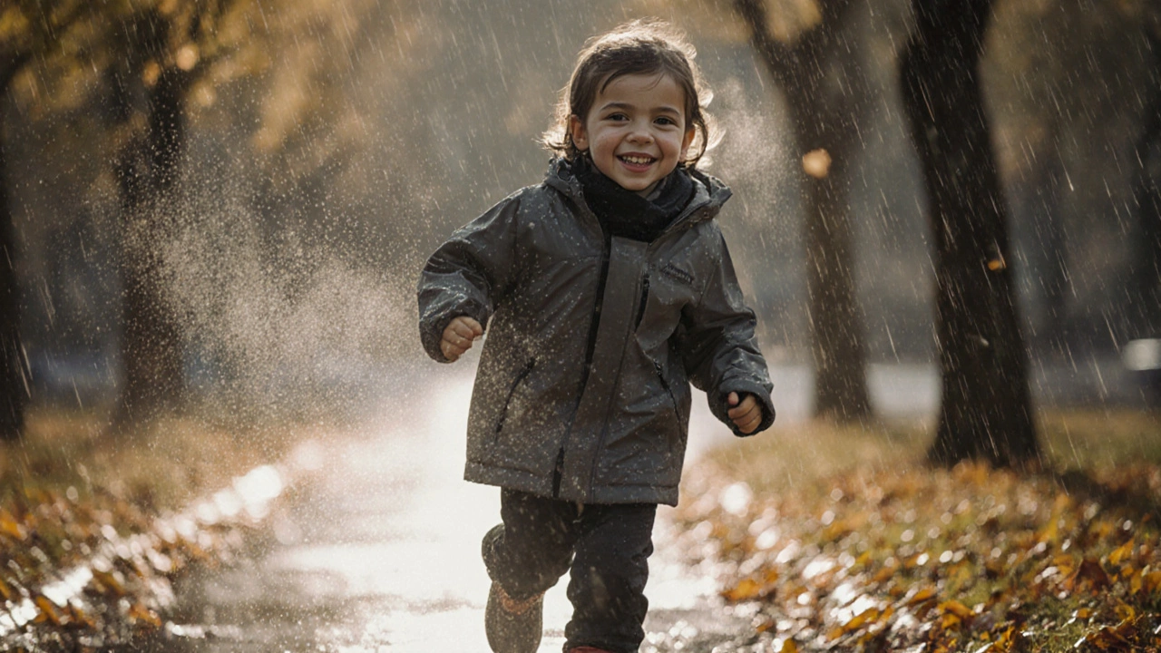 Ребёнок бежит в дождь в функциональной одежде, листья кружатся вокруг, капли стекают с куртки.