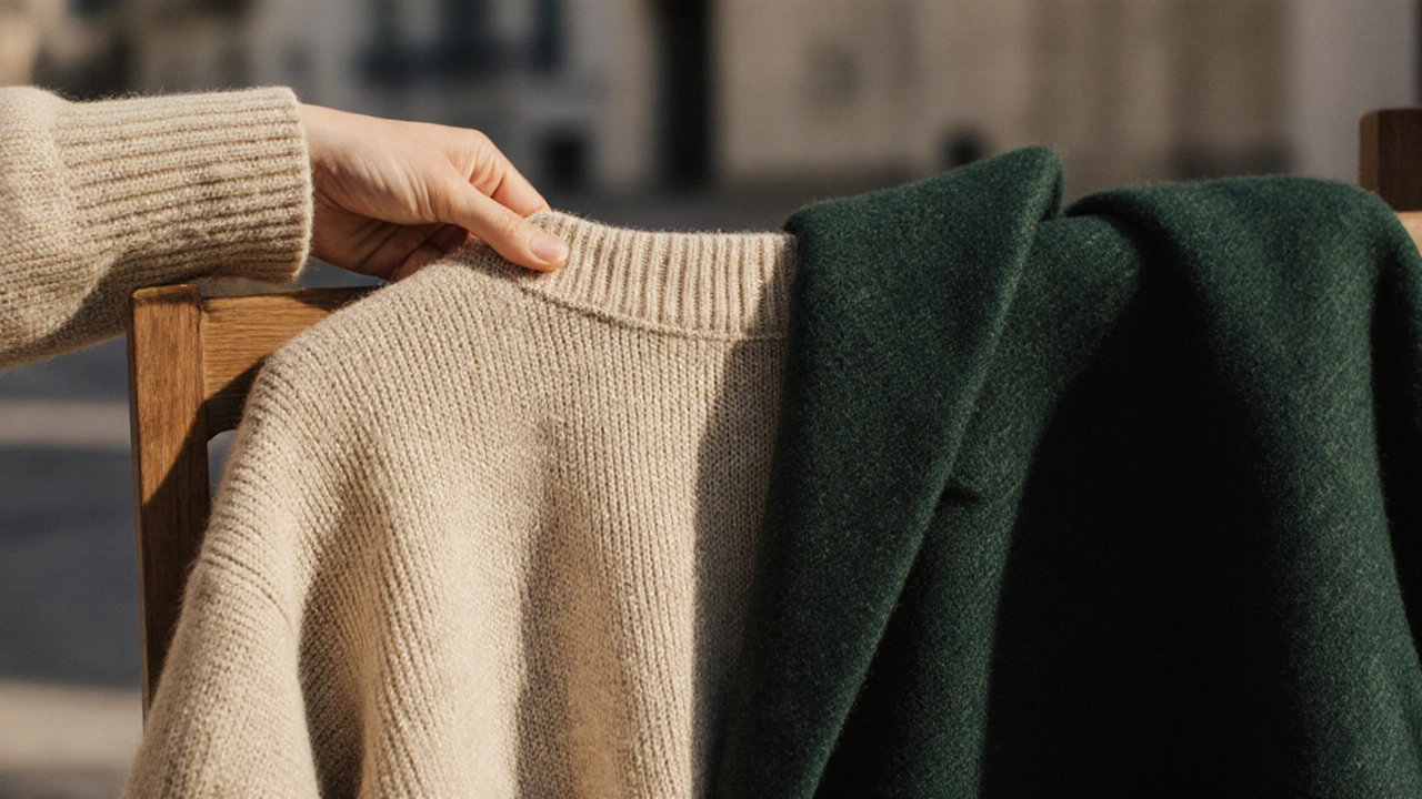 Рука держит бежевый льняной свитер рядом с темно-зеленой шерстяной курткой на деревянном стуле.