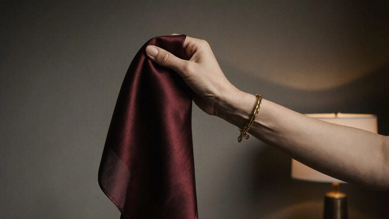 Рука с бордовой шалью и золотым браслетом на сером фоне, акцент на текстурах ткани и кожи.