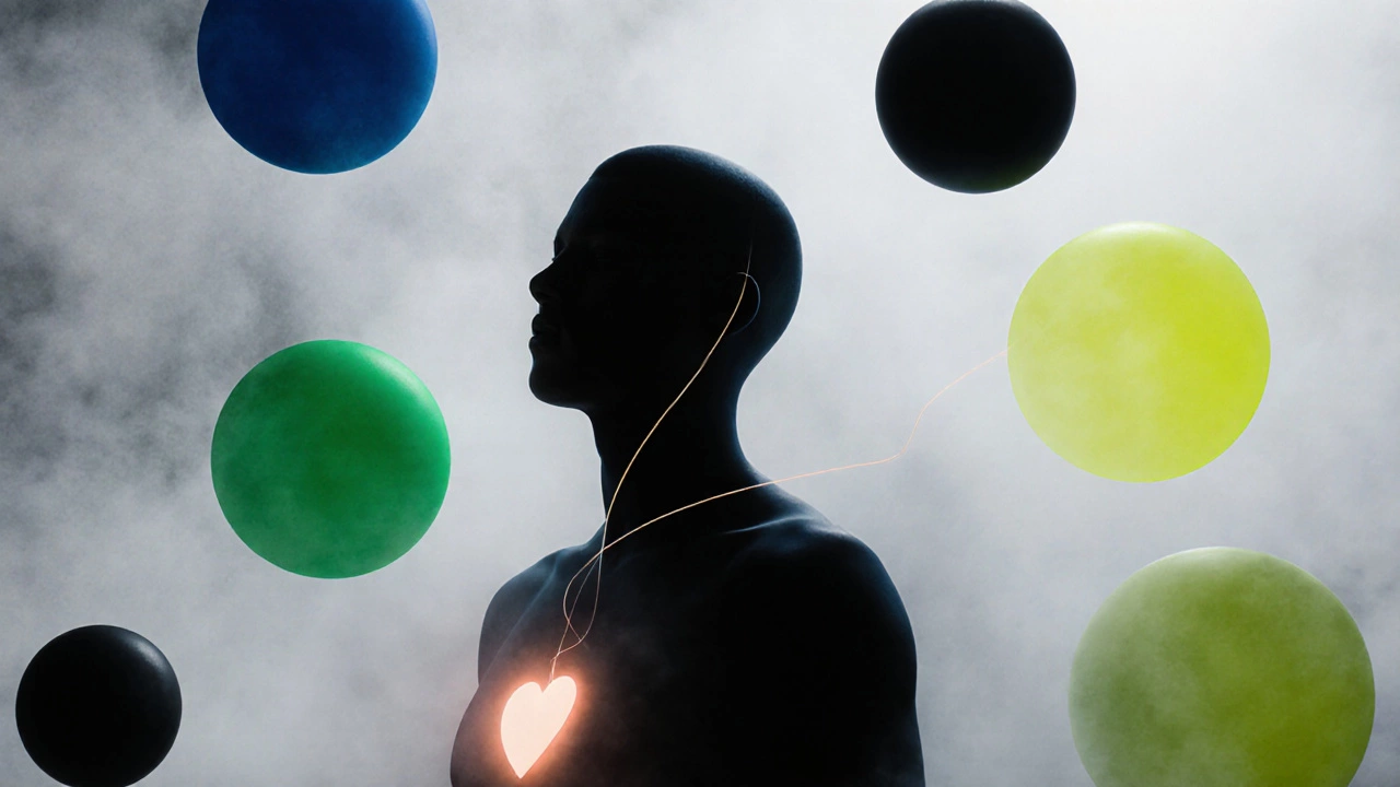 Силуэт человека surrounded мягкими цветами: синий и зелёный светятся, чёрный и неоновые оттенки тонут в сером.