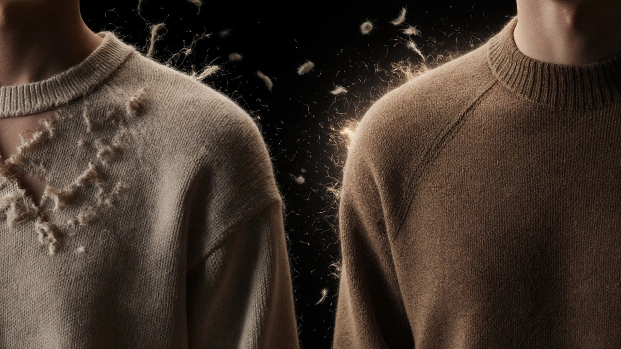Сравнение текстур: рвущийся акриловый свитер и эластичный мериносовый свитер с подчёркнутой прочностью волокон.