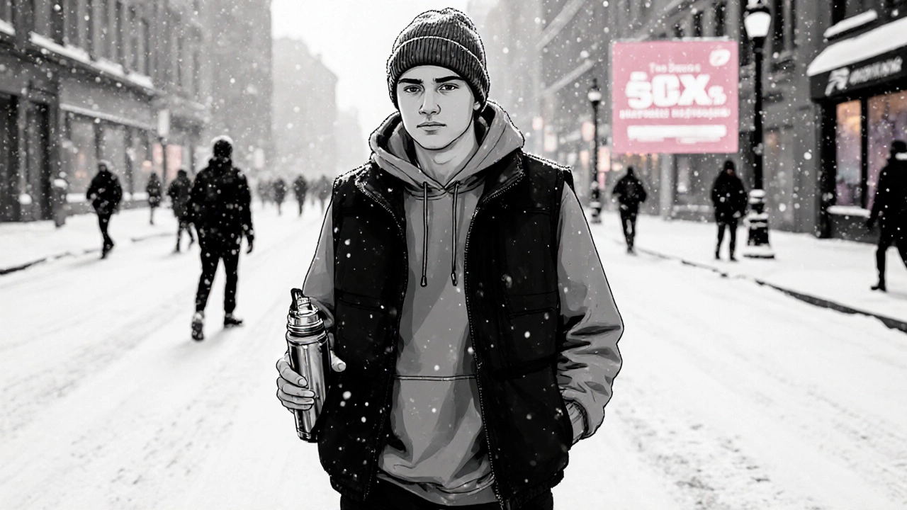 Студент идёт по снегу в небрендовой куртке, кроссовках и вязаной шапке, с термосом.