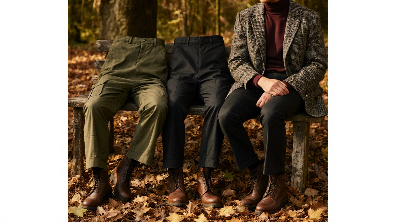 Три стиля брюк 2024 года на деревянной скамье с обувью и пиджаком среди осенних листьев.