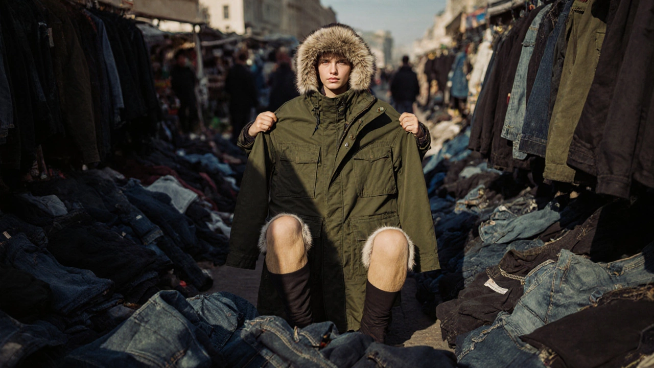 Юноша на барахолке смотрит на б/у парку с меховым капюшоном из кролика.