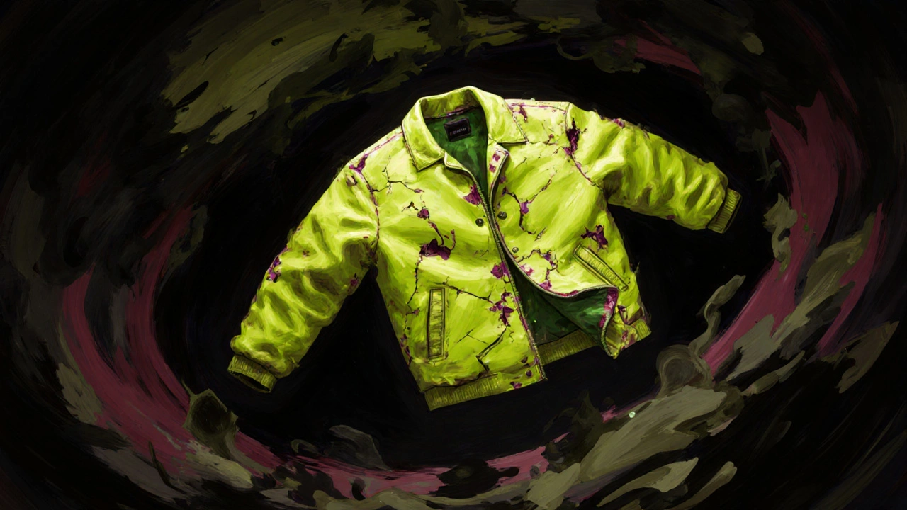 Желто-зеленая куртка в пустоте, окруженная темными контрастными цветами, символизирующими отторжение.