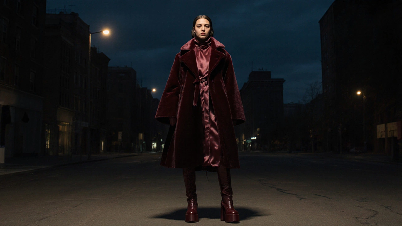 Женщина в бархатном бордовом пальто с высоким воротником и платформами, сумерки, атмосферная тень.
