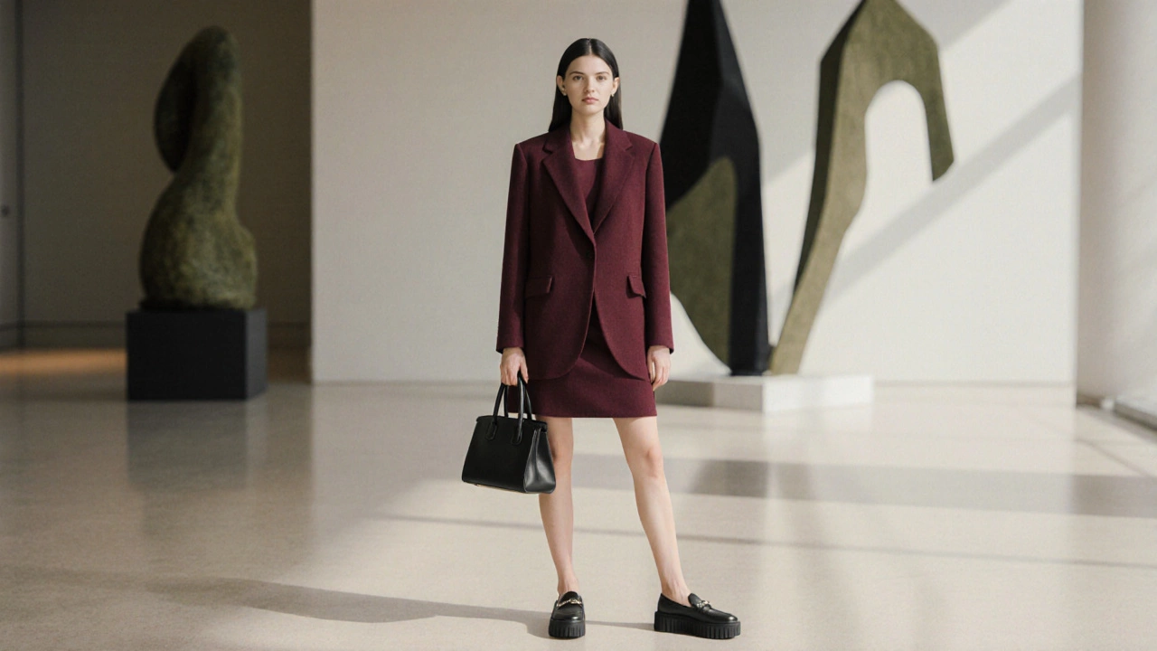 Женщина в бордовом шерстяном платье и коротком пиджаке стоит в музее с небольшой сумкой.