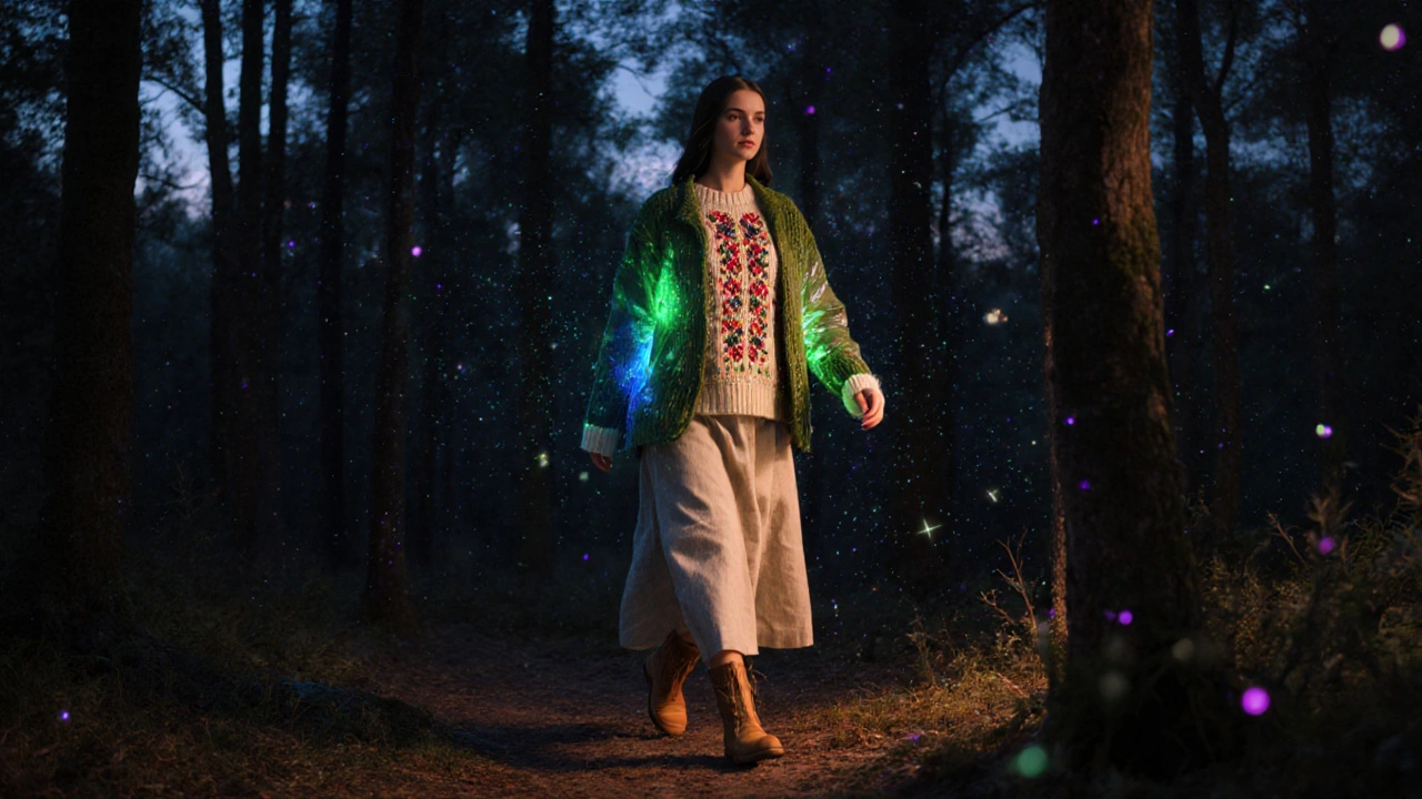 Женщина в футуристическом коттедже: вязаный свитер с подсветкой, деревянные ботинки, лес вечером.