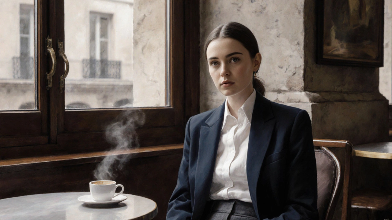 Женщина в темно-синем пиджаке и белой рубашке в уютном кафе зимним днем.