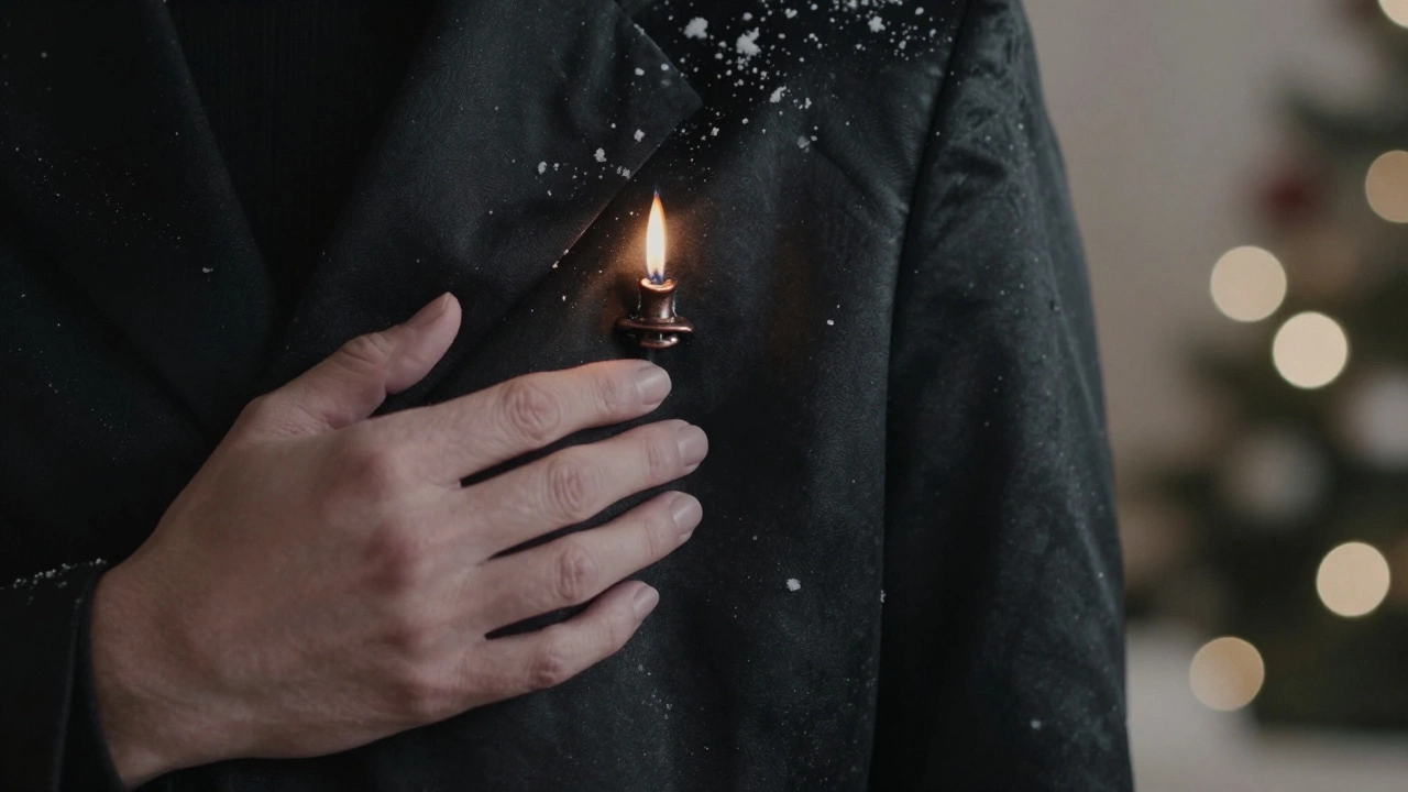 Близкий план руки на черном шелковом пальто с бронзовой брошью, снег тает на ткани.