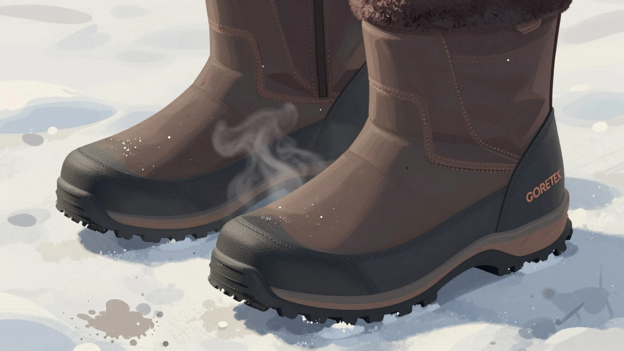 Детальный вид зимней обуви с мембраной GORE-TEX и антискользящей подошвой на снегу.