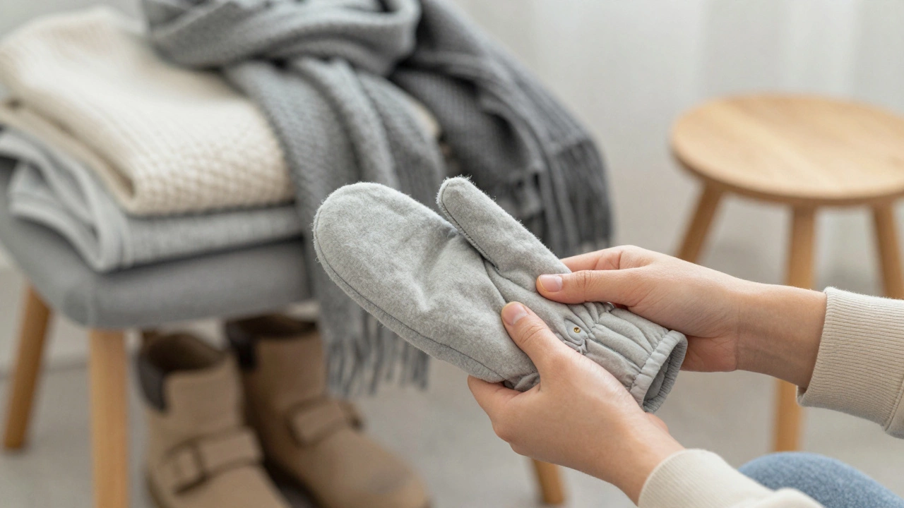 Маленькие руки снимают варежку, на фоне сложенной зимней одежды.