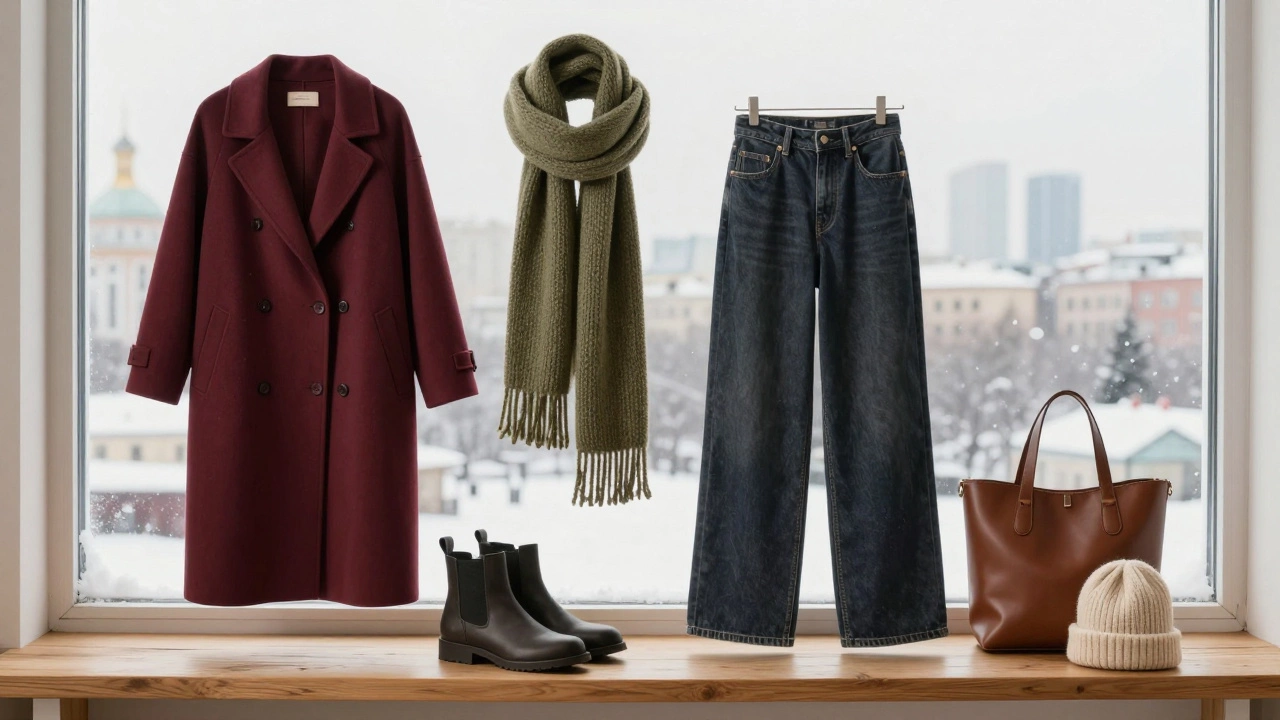 Минималистичная композиция зимней одежды: пальто, джинсы, ботинки, шарф и бини на деревянной полке при естественном свете.