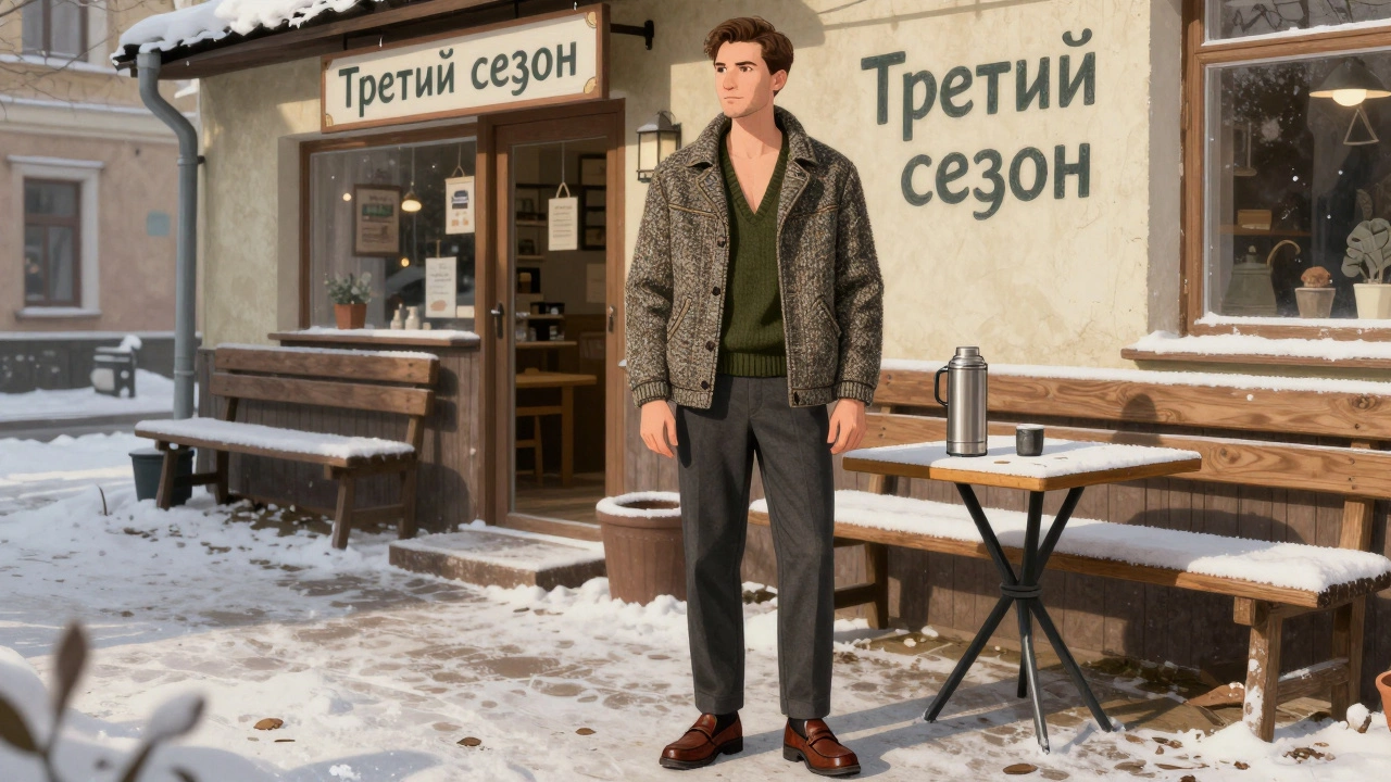 Мужчина в твидовом пиджаке и оливковом свитере стоит во дворе рядом с бутиком, в руках термос, за окном снег.