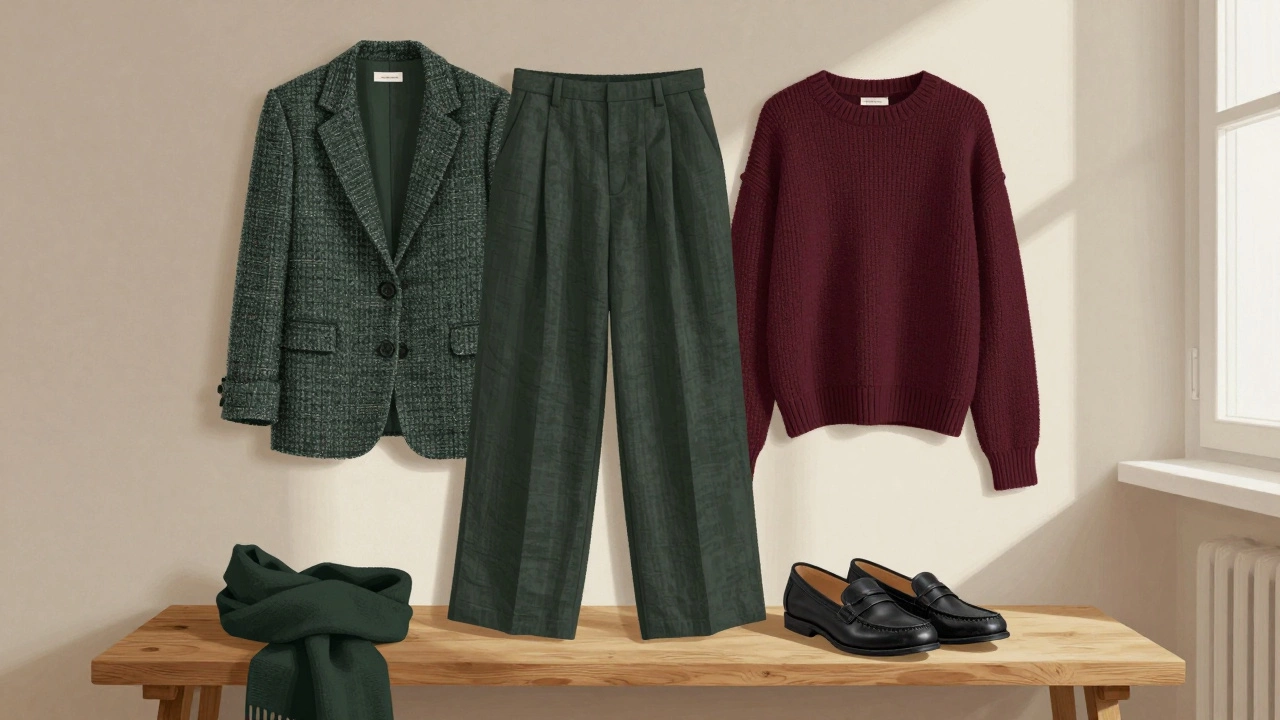 На деревянной полке лежат твидовый пиджак, брюки изо льна, бордовый свитер и ботинки — без логотипов, только текстуры.