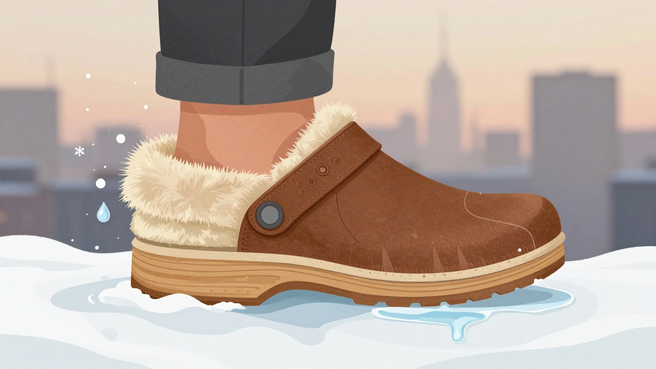 Разрез сабо, показывающий слои: дерево, EVA, шерсть и кожа, снежинки и капли воды вокруг.