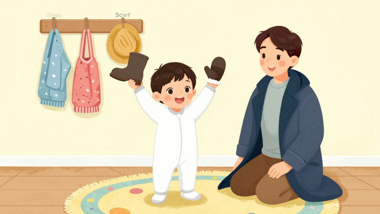 Ребёнок с гордостью держит снятые ботинок и варежки на ярком ковре.