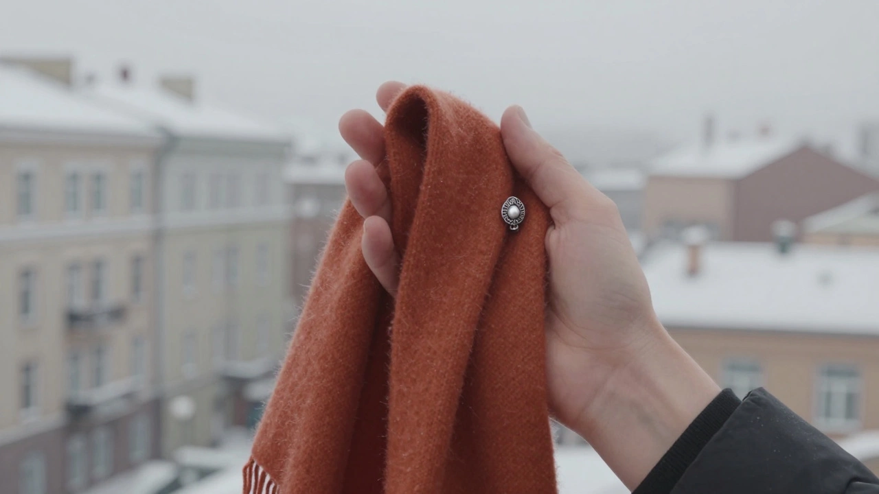 Рука держит терракотовый шарф на фоне морозных окон русского города.