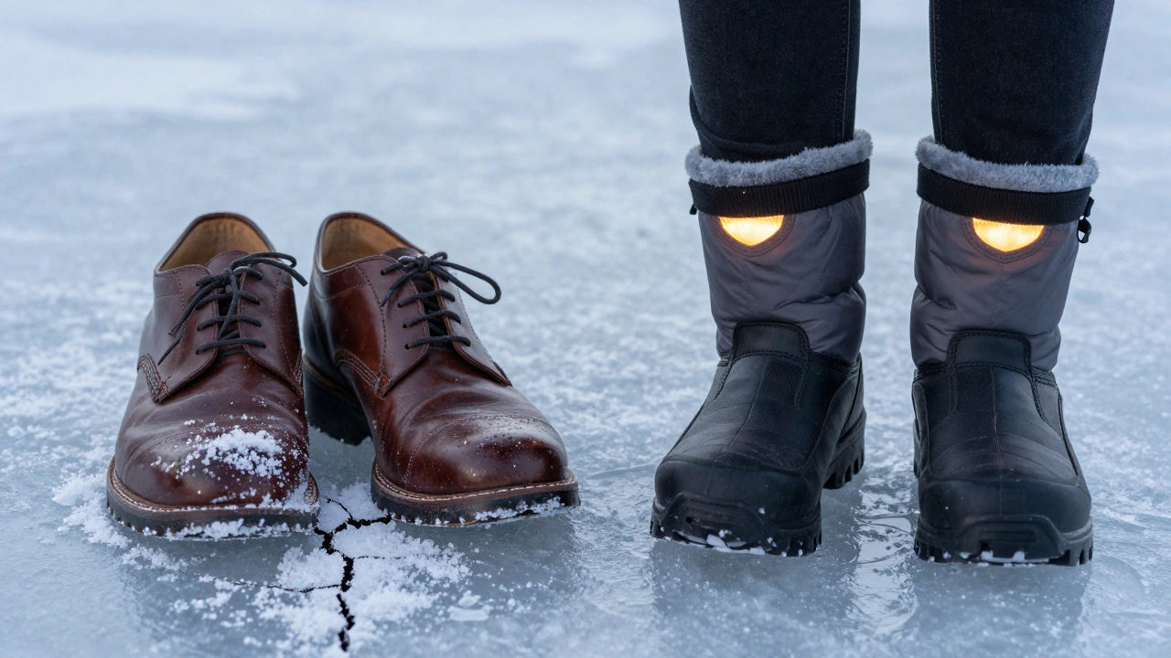 Сравнение старых кожаных ботинок и современной зимней обуви на льду.