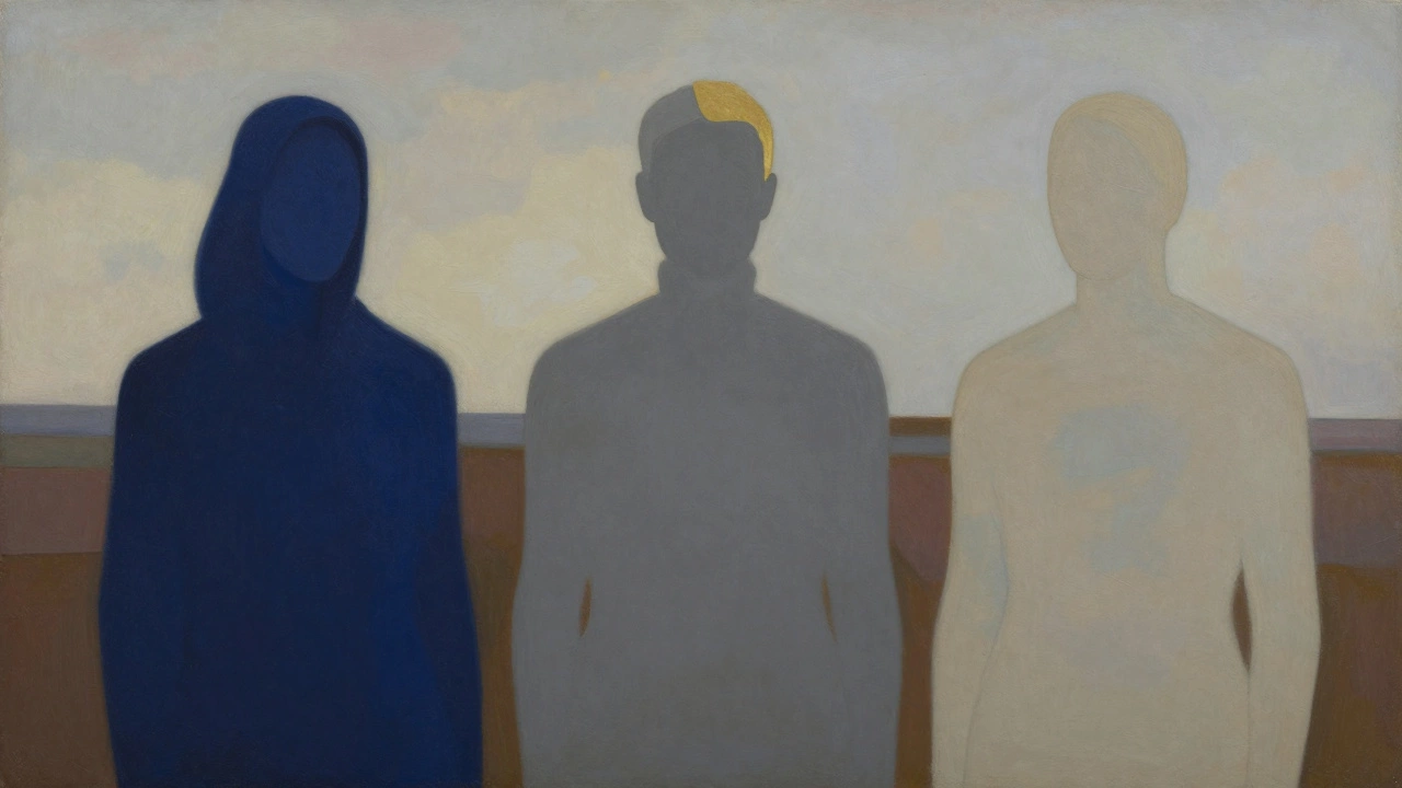 Три абстрактные фигуры в разных цветах стоят под одним небом, символизируя индивидуальный выбор цвета в России.