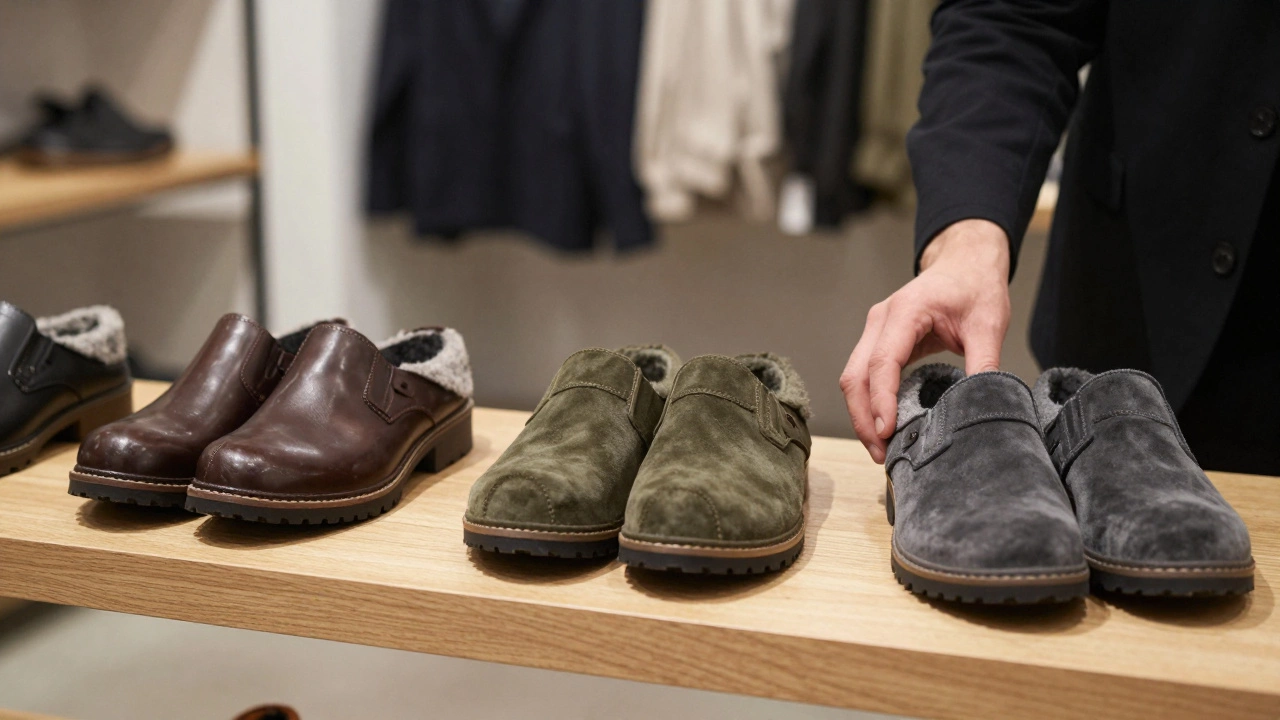 Три пары мужских зимних сабо: темно-коричневые, оливковые и темно-серые на полке в бутике.