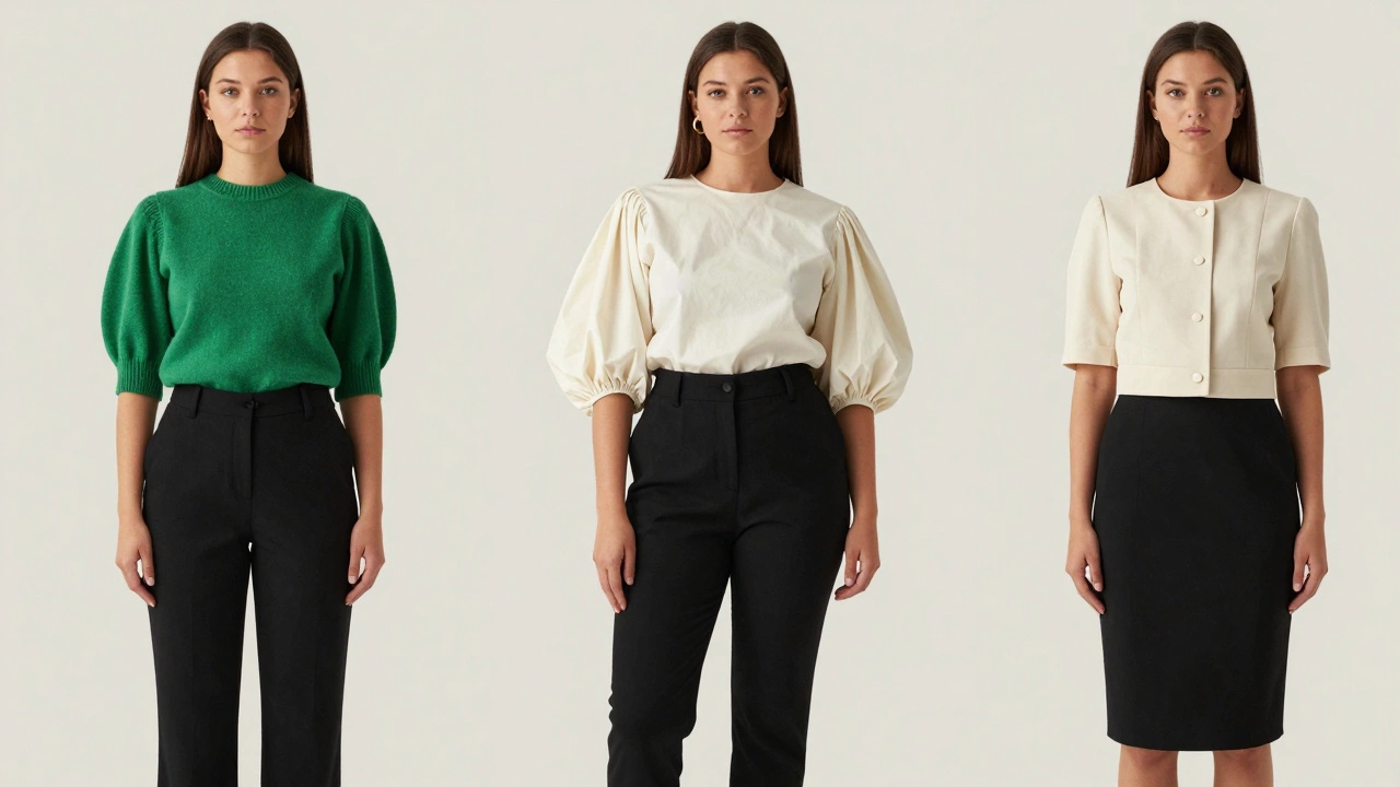 Три женщины с разными типами фигур в вариациях пышных рукавов, все с прямыми брюками.
