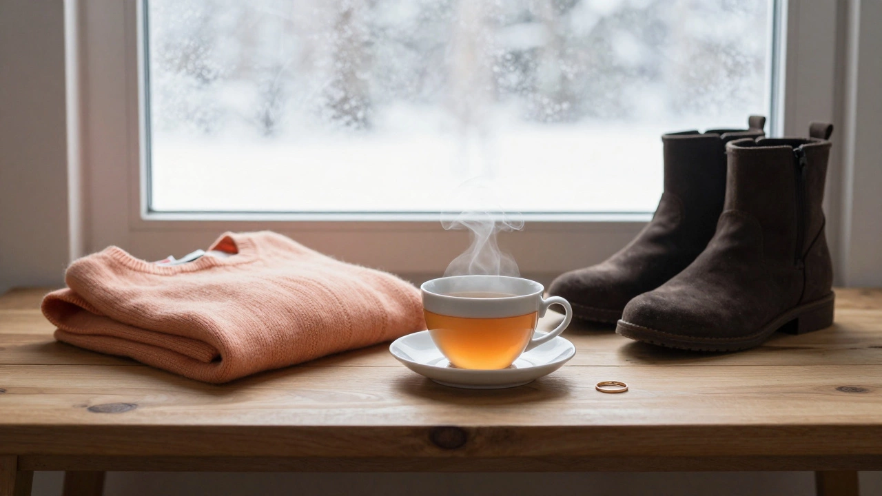 Уютный интерьер: персиковый кашемировый свитер, чашка чая и золотое кольцо на деревянном столе у окна.