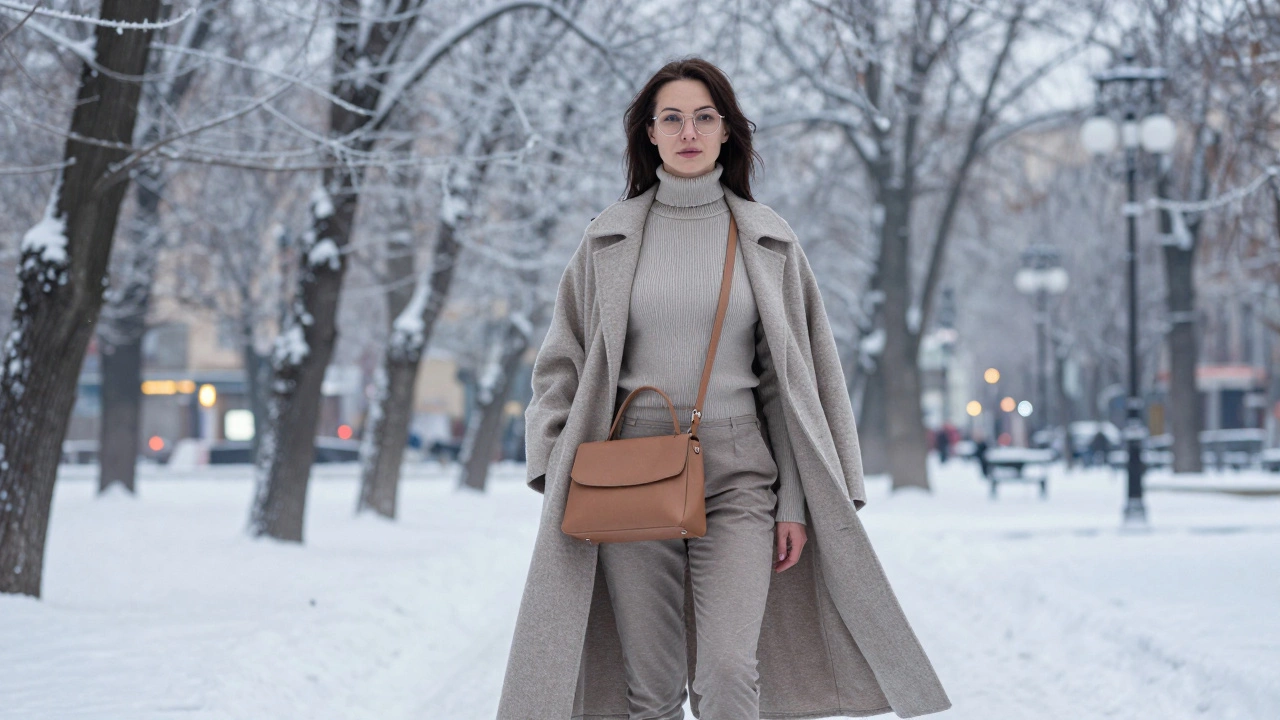 Женщина в длинном пальто с открытыми плечами стоит в зимнем парке с тонкими очками и сумкой песочного цвета.