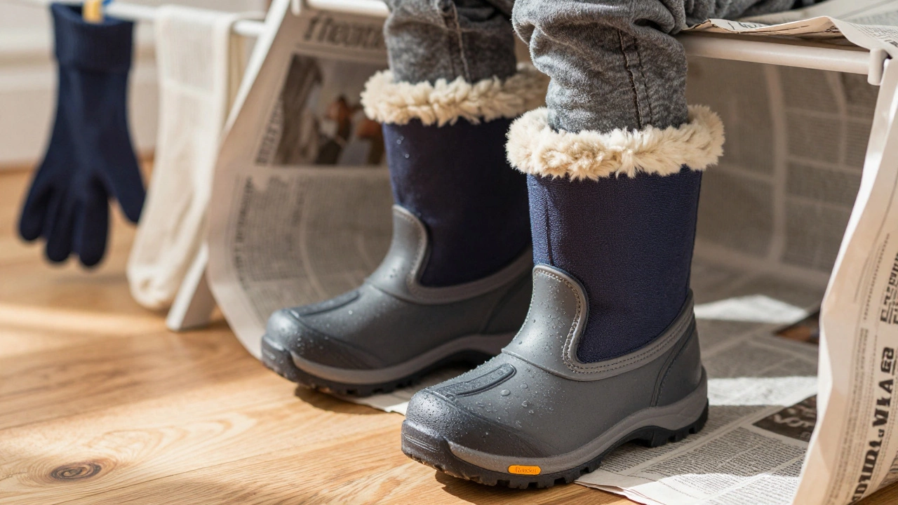 Зимние сапоги ребенка с противоскользящей подошвой и утепленной подкладкой, сохнут с газетами внутри.