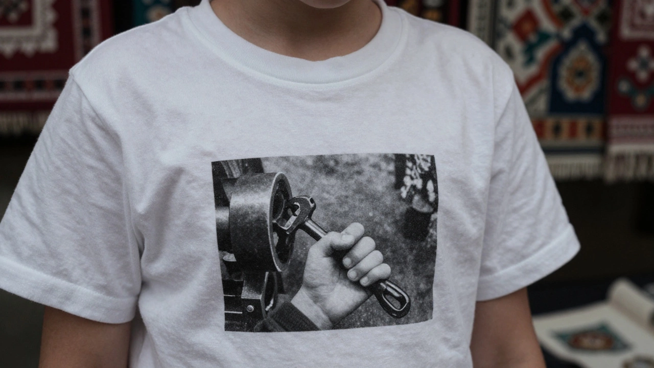 Белая футболка с семейной фотографией и едва заметными термопечатными линиями.