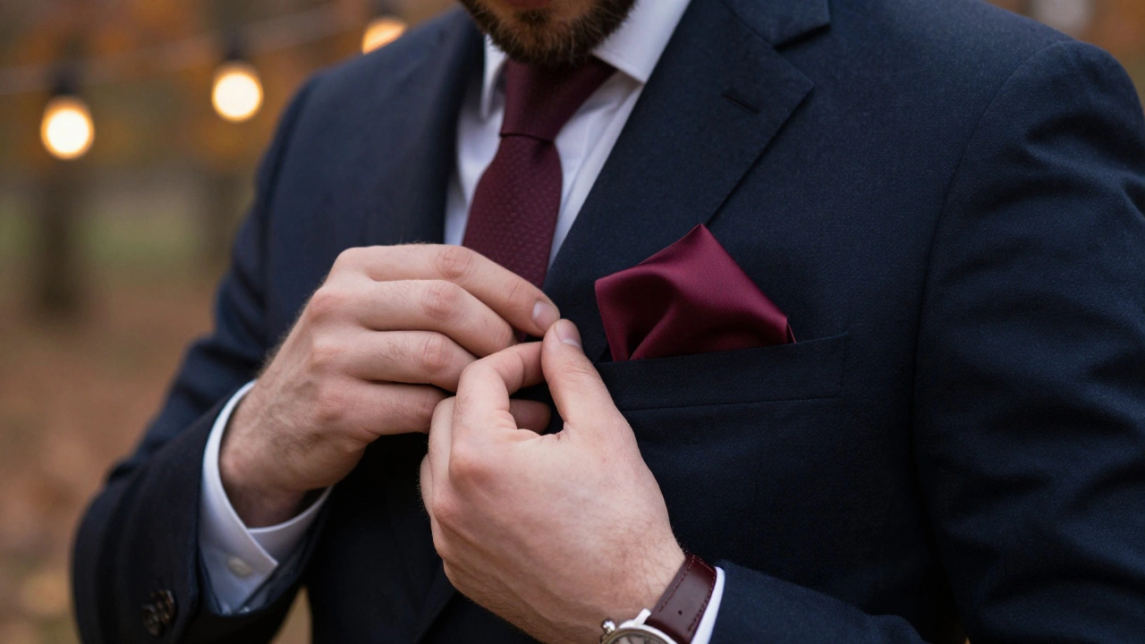 Близкий план рук с шелковым карманным платком и классическими часами на фоне осеннего освещения.