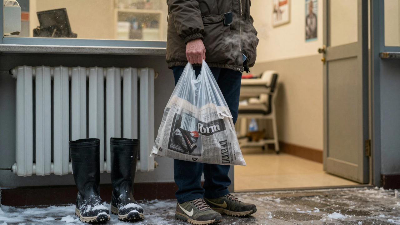 Медсестра в Перми стоит у клиники в кроссовках Nike Revolution 6, обувь покрыта снегом и солью.